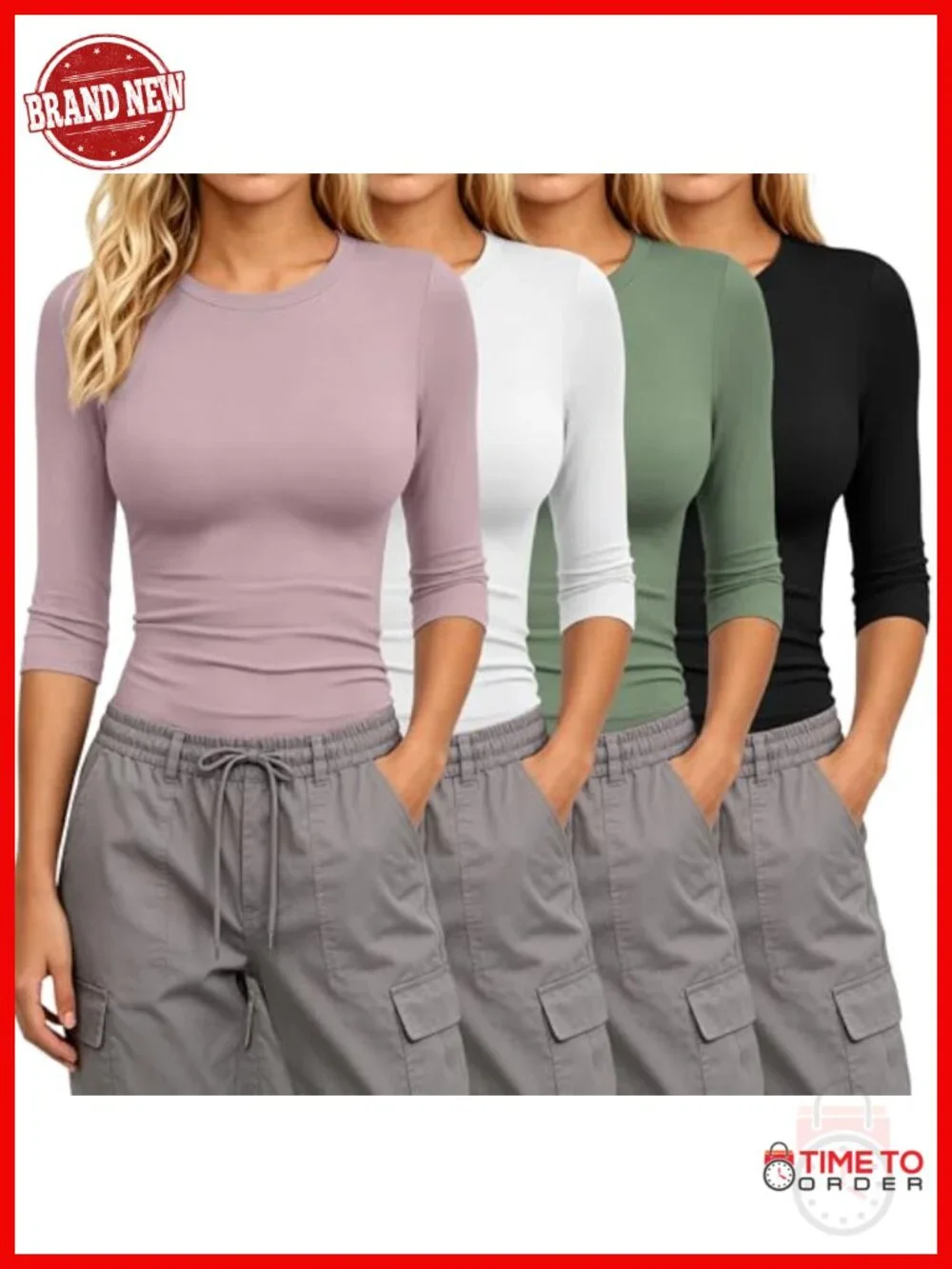 3/4 Sleeve Crew Neck Fitted Tee Shirts for Women Casual Work Blouses 4 Pack